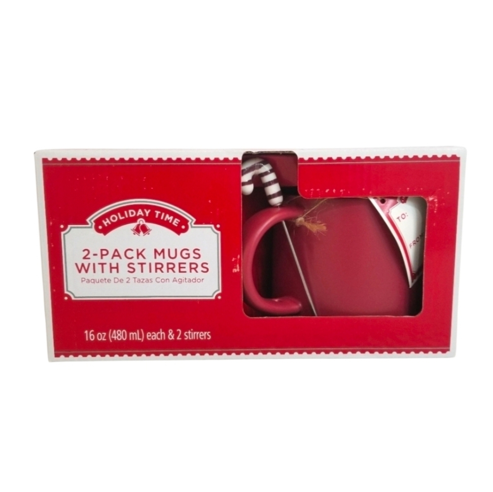 NWT Holiday Time NIB 2 Pack Red Mugs with Candy Cane Metal Stirrers 16 oz